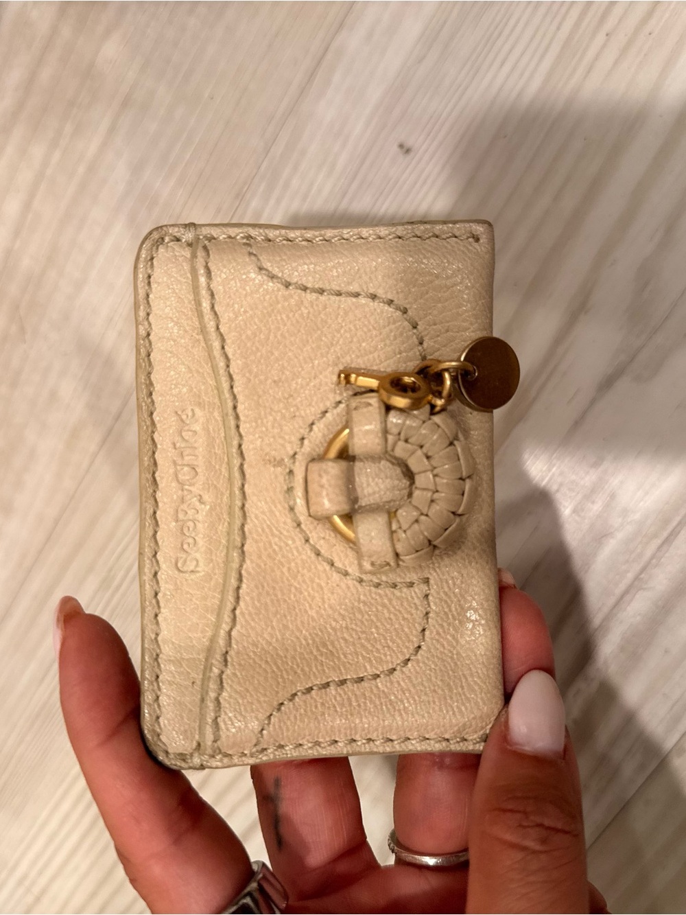 See By Chloe Cream Leather Card & Key Holder with Gold Charm